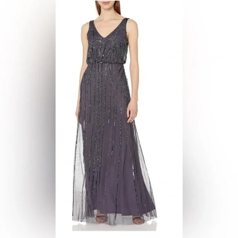 Adrianna Papell Evening Dress Beaded Art Nouveau Gunmetal Sleeveless V Neck Maxi